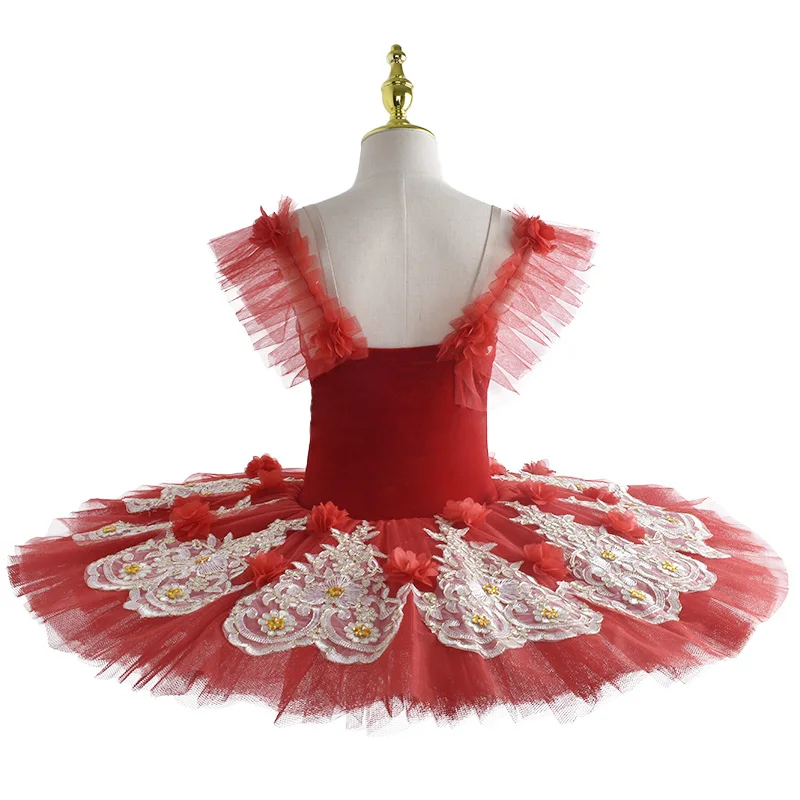 Red Girls Adult Sequined Leotard Ballet Dress Pancake Tutu Ballerina Costume Lyrical Dance Costume Swan Ballet Dancer Dress Wear