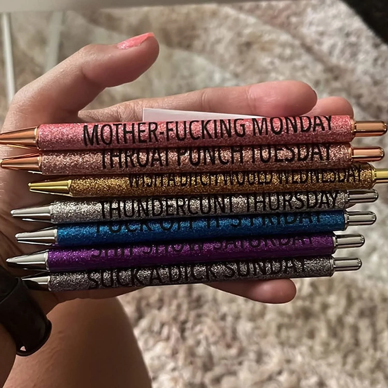 7PCS Funny Pens Swear Word Daily Pen Set,Weekday Vibes Glitter Pen  Set,Dirty Cuss Word Pens,Days of the Week Pens for Adults, Funny Office  Gifts with