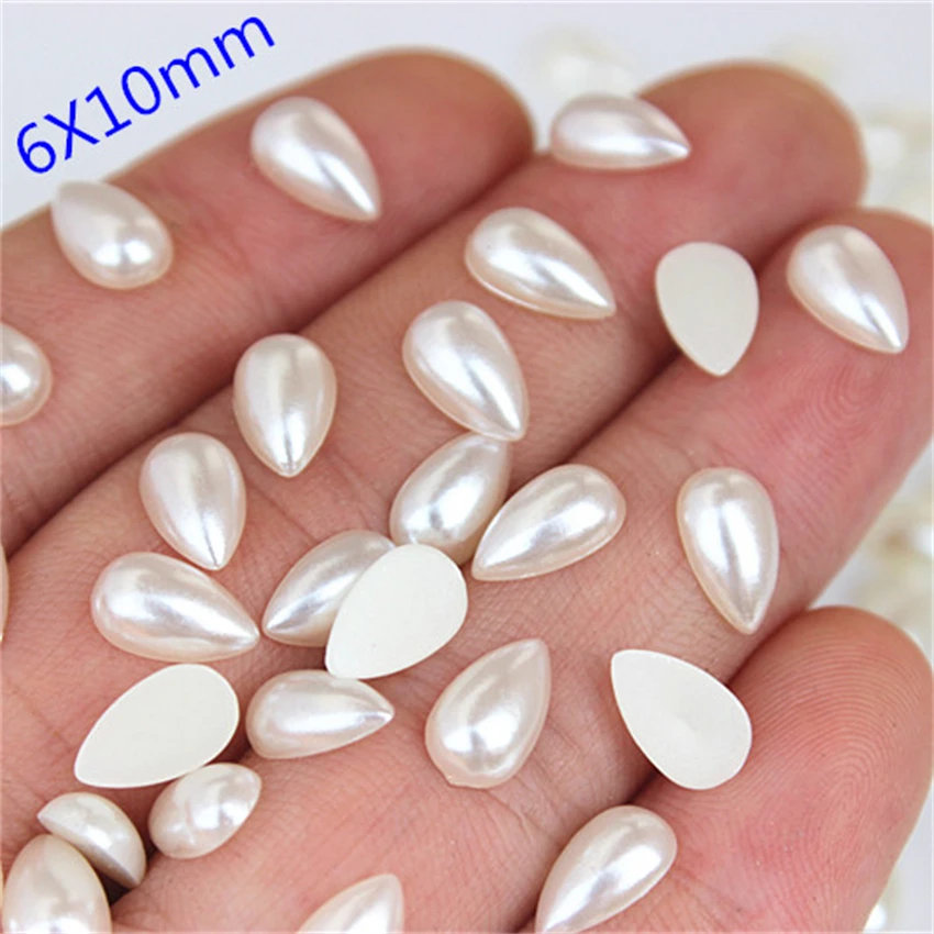 Cong Shao 100pcs 6*10/8*13/10*14mm 아이보리 컬러 드롭 진주 플랫 백 라인 석 비즈 물 모조 스크랩북 ZZ212