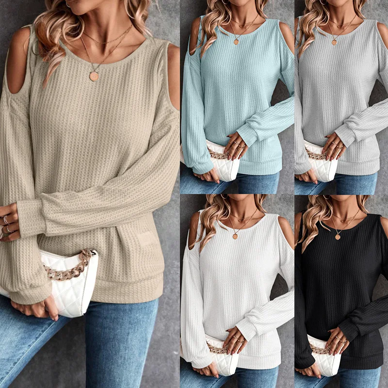 

New Autumn and Winter Off-shoulder Buttoned Loose Long-sleeved T-shirt Tops for Women