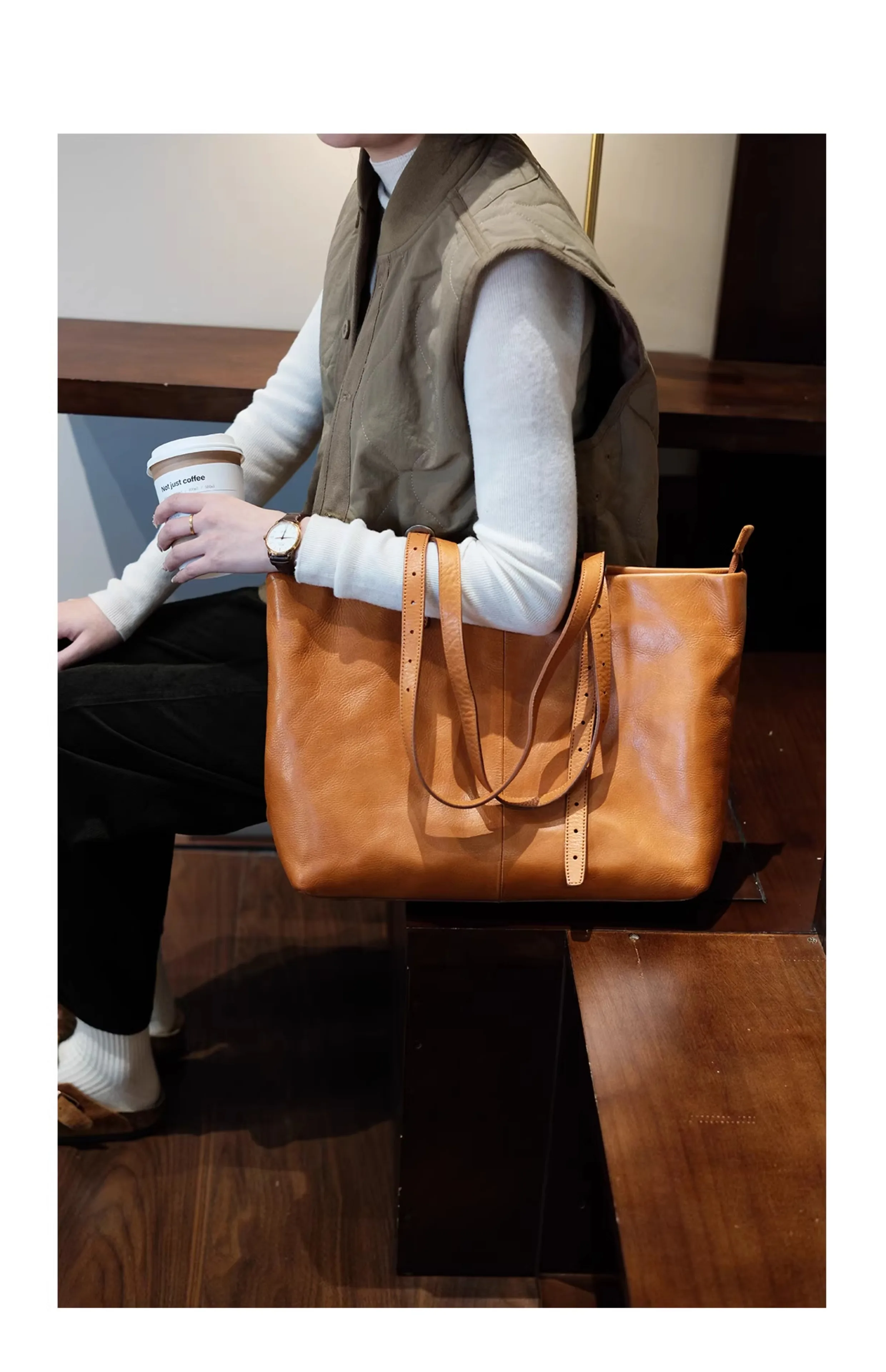 Einfache Vintage handgemachte weiche pflanzlich gegerbte Rindsleder Frauen Einkaufstasche echtes Leder große Kapazität Handtasche Laptop Umhängetasche – Detail 4