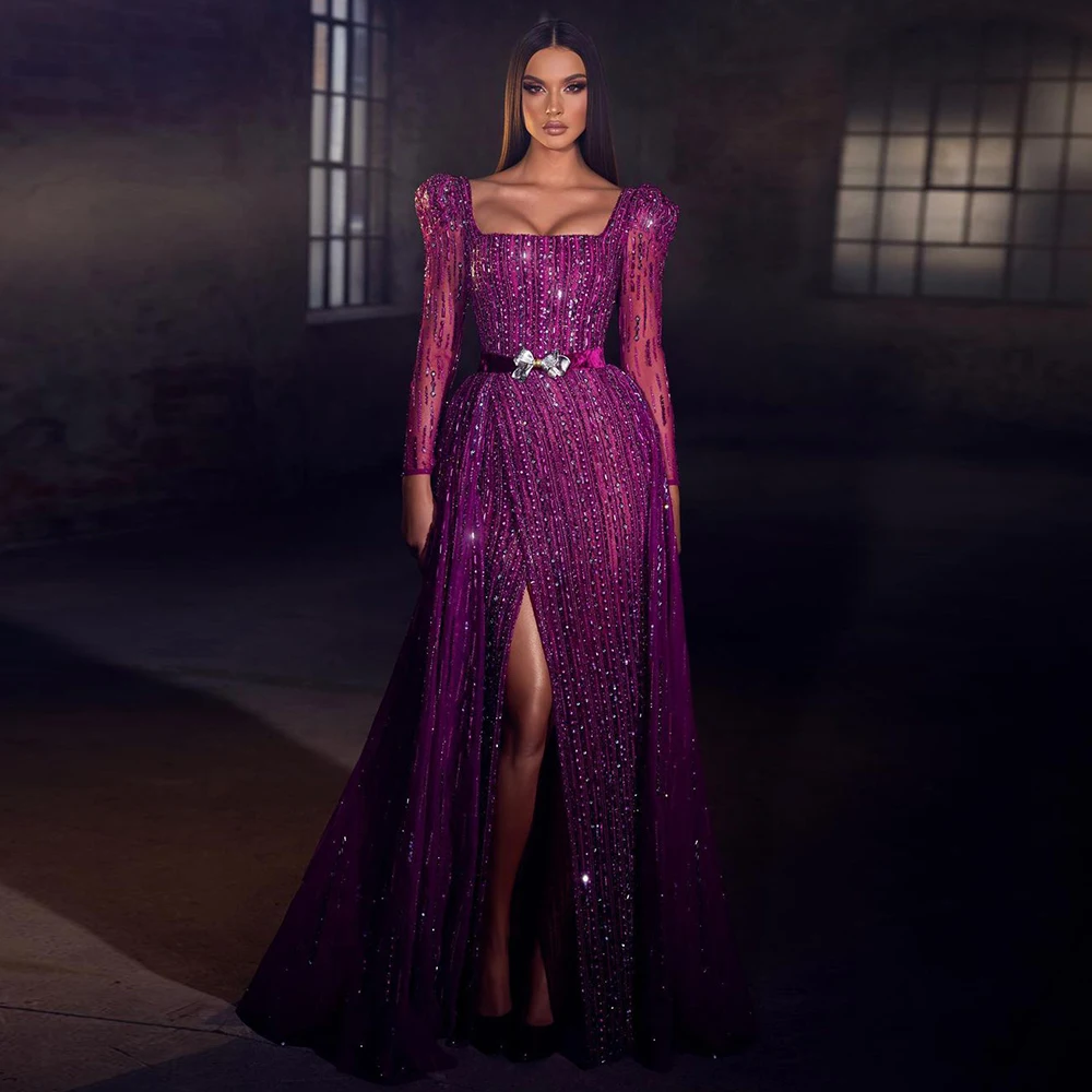 

Luxury Dubai Fuchsia Evening Dress For Women 2023 Wedding Elegant Long Sleeve Overskirt Arabic Formal Party Gowns Robe De Soiree