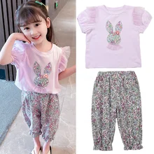  1-8 Yrs Baby Girl Clothes Cotton T-shirt + Pants Child Girls Set Summer Clothing Suit 2Pcs Rabbit Floral Shorts Toddler Outfits 