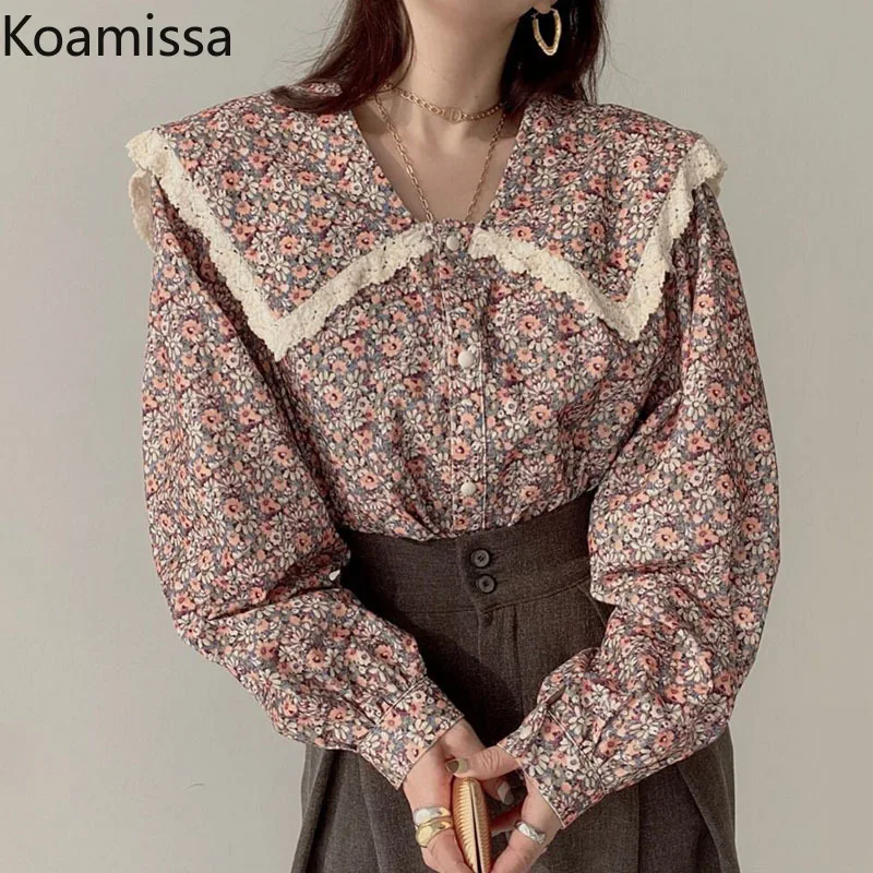 

Женская блузка в стиле ретро Koamissa, с цветочным рисунком, кружевная рубашка с длинным рукавом и воротником «Питер Пэн», однобортная блузка в Корейском стиле на весну