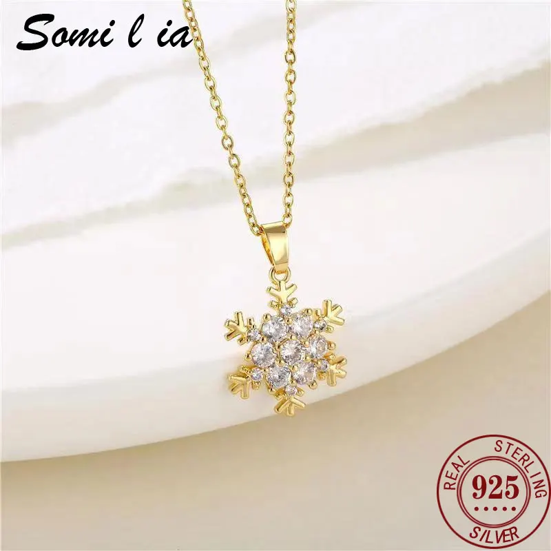 

SOMILIA - 925 Sterling Silver Shiny Snowflake Necklace for Women 18K Gold Plated Girl Korean Temperament Exquisite Jewelry Gift