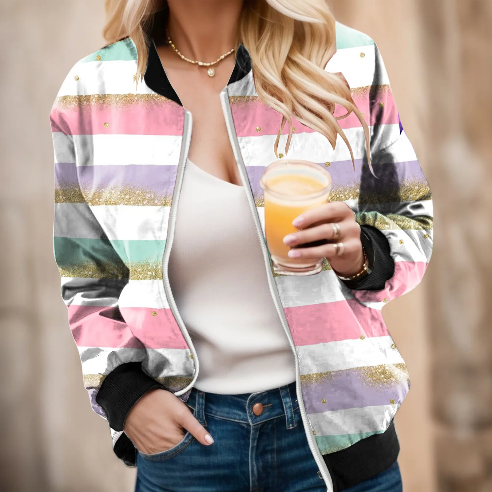 

2023 Womens Casual Daily Jackets Lightweight Zip Up Jacket Striped Print Coat Stand Collar Short Sports Outwear Jackets Outwear
