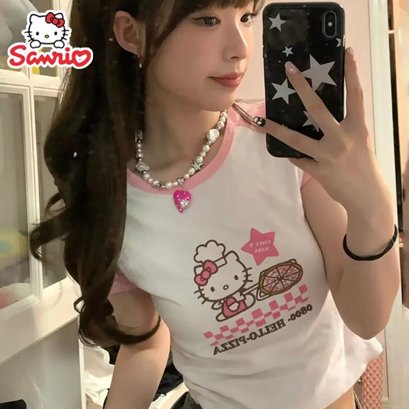 

Футболка Hello Kitty Sanrio, Женский Топ Y2k, милая летняя мультяшная кавайная облегающая Короткая Ретро футболка для сексуальной девушки, уличная одежда, подарок