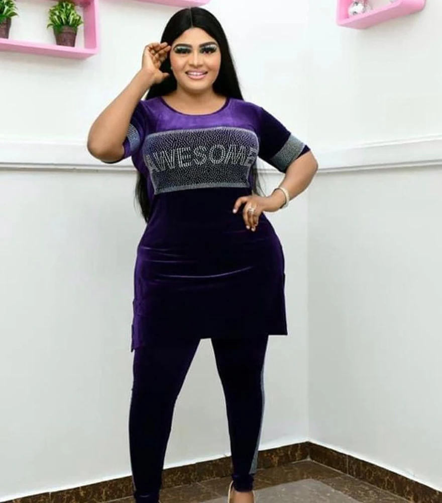 Velvet Slim Pencil Pant Sets Women Casual Two Piece Set Sequins Short Sleeve Long Top Matching Sets Tracksuit Streetwear 2024 3