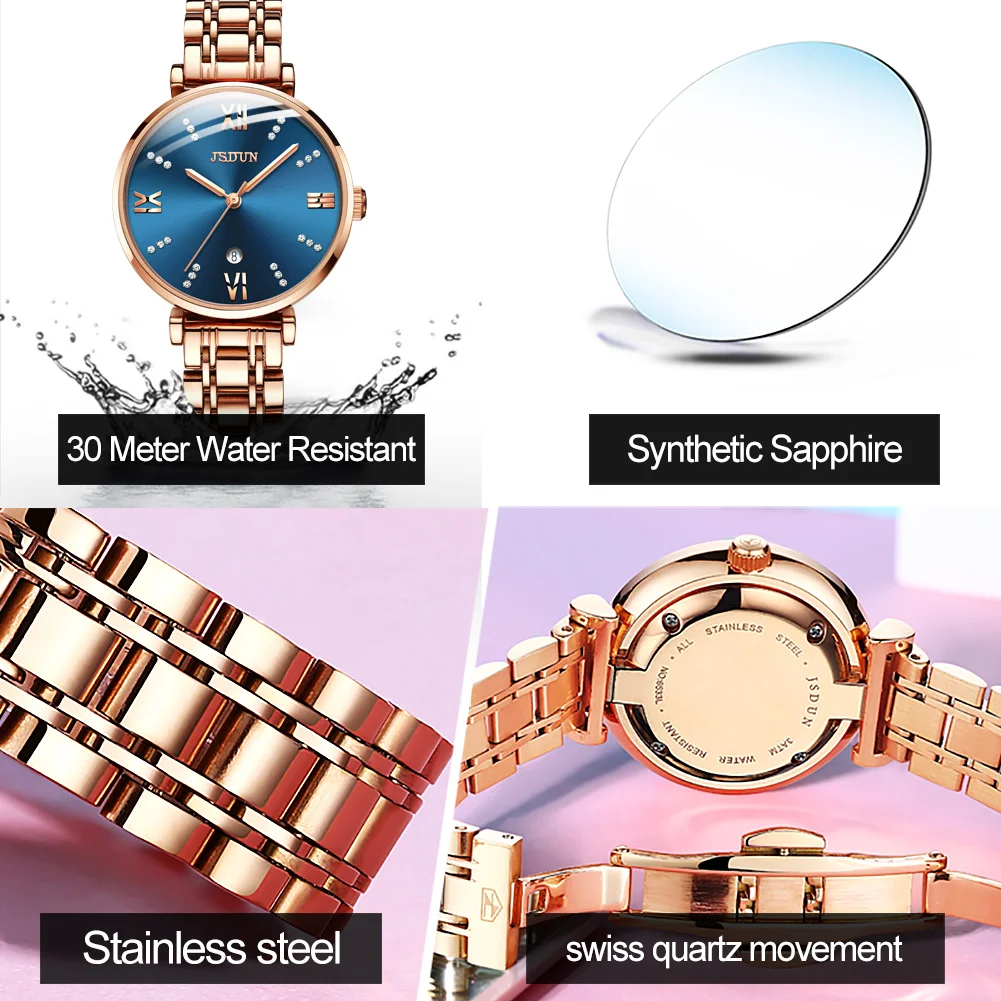 JSDUN Imported Swiss Quartz Watch for Women Luxury Rose Gold Sapphire Crystal Elegant Ladies Wristwatch Waterproof Girls Watch 2
