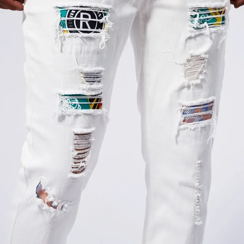 White 97% Cotton Jeans Men Clothing New Ripped Slim Patchwork Fashion Hole Skinny Elasticity Denim Trousers Male Streetwear 5