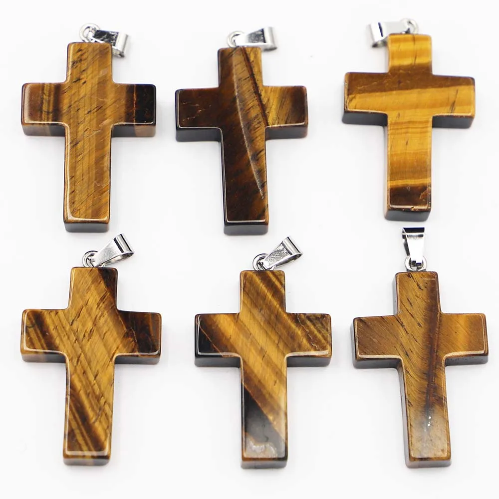 

6pcs/lot New Natural Tiger's Eye Stone Crystal Cross Shape Pendants Necklaces Healing Chakra Fashion Reiki Charms Jewelry Making
