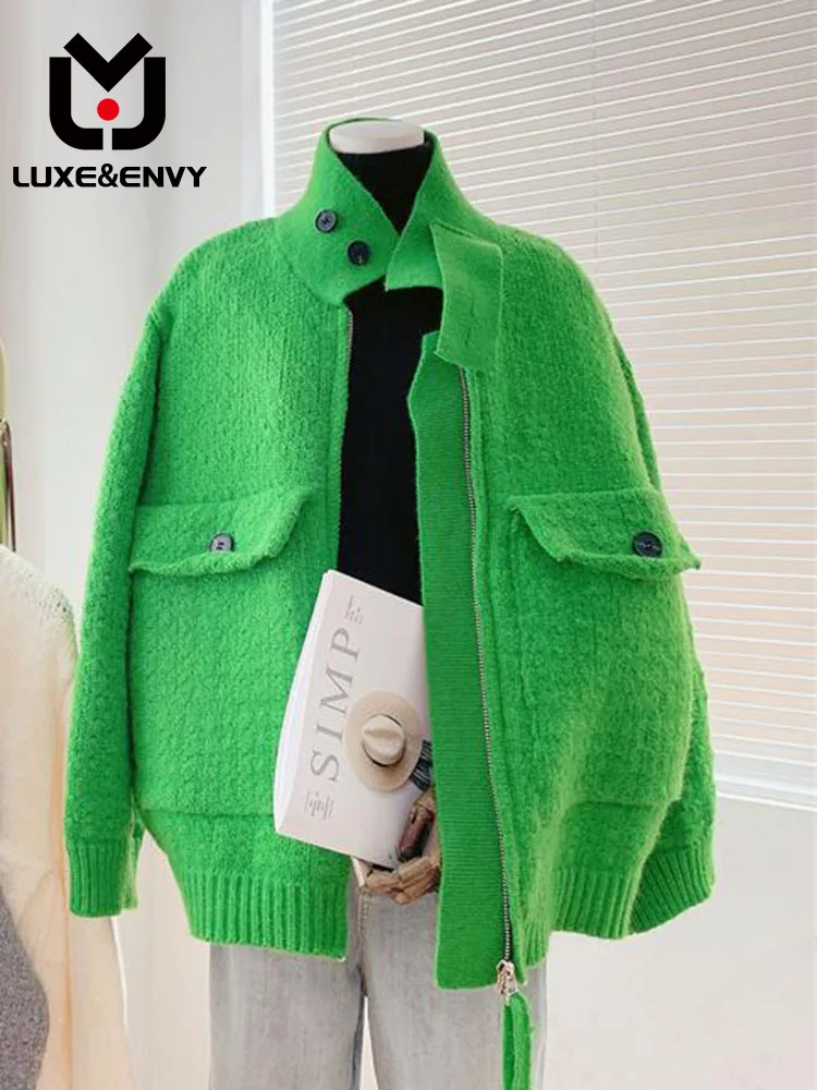 

LUXE&ENVY Lazy Thickened Sweater Women's Coat 2023 New Loose Zipper Knitted Cardigan