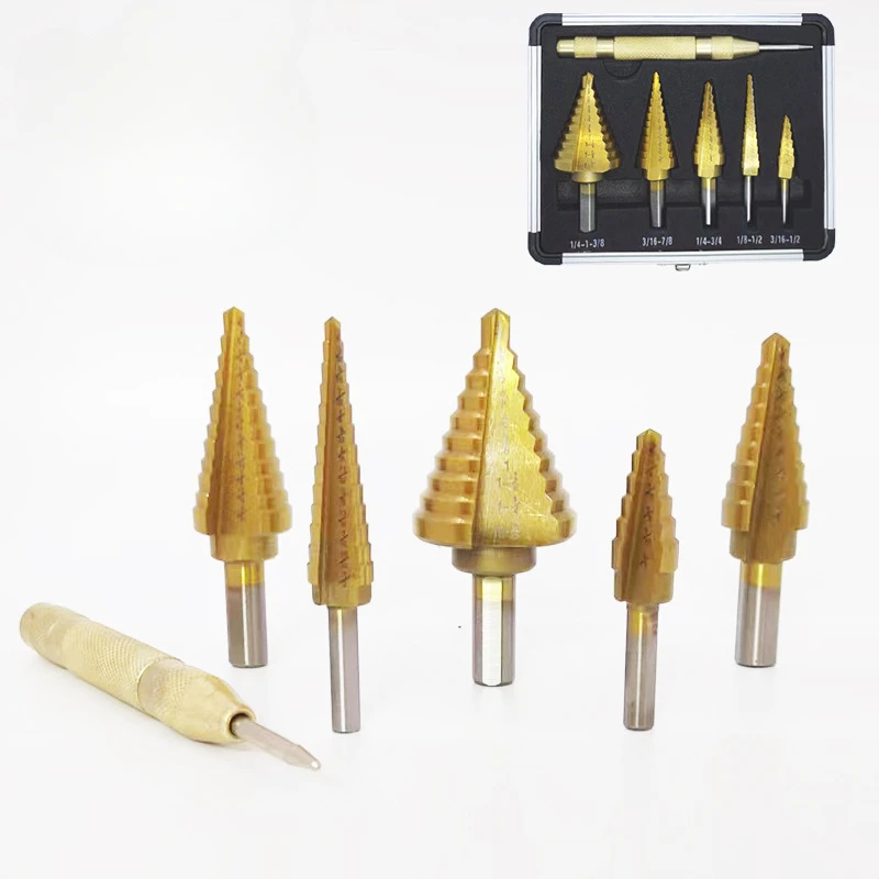 

6PCS high-speed steel multifunctional hole reamer Aluminum box set of titanium-plated step drill pagoda bit