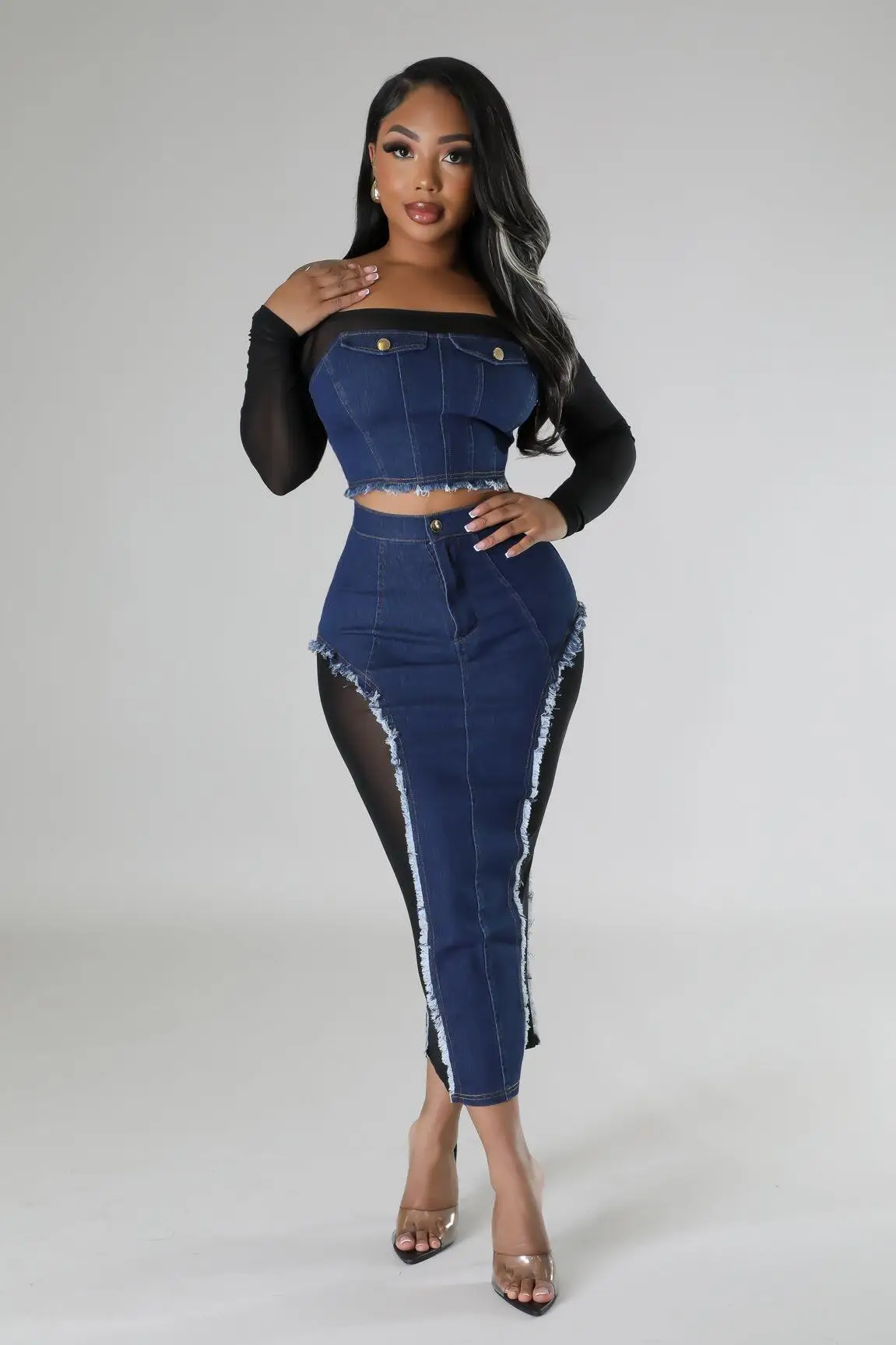 Women Denim Patchwork Mesh Off Shoulder Long Sleeve Crop Top and Midi Skirt Sets 2023 Fashion Elegant Two 2 Piece Set Outfit