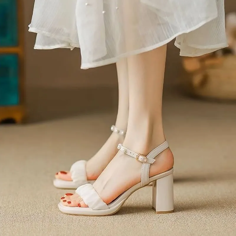 

Comfort Shoes for Women Pearl Sandals Suit Female Beige Increasing Height Block Heels All-Match Black Bow 2024 Fashion Chunky
