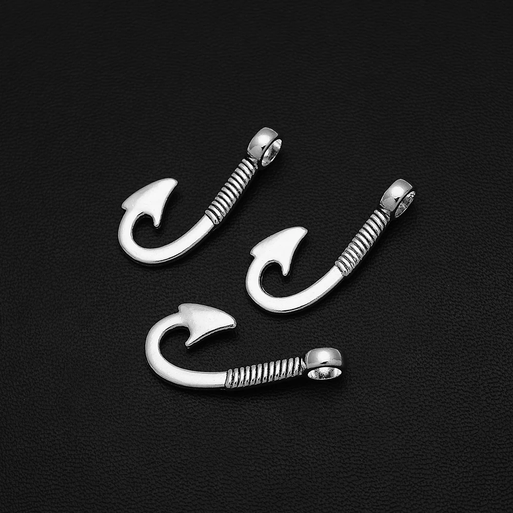 

12pcs/Lots 14x32mm Antique Silver Plated Fishing Hook Charms Pendants For Diy Earrings Trend Making Materials Accessories Parts