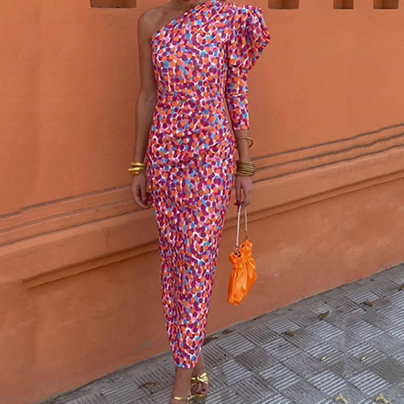 

Sexy One Shoulder Puff Long Sleeve Long Dress Women Elegant Floral Print Wrap Hip Dress Fashion Hight Waist Draped Party Dresses