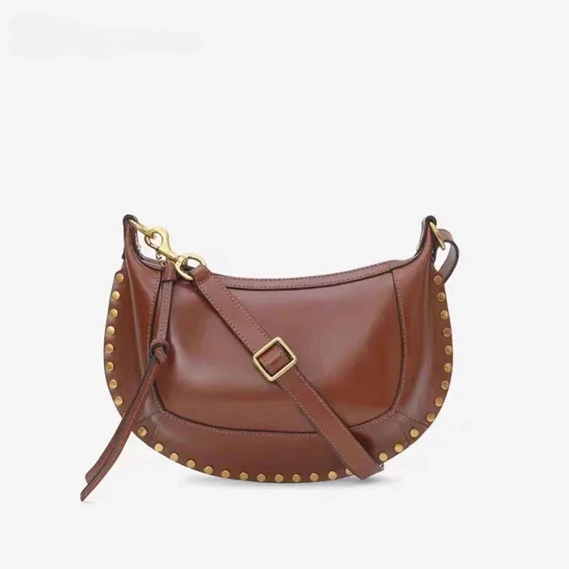 Golden Rivet Crescent Bag With High Quality Cowhide Fashion Casual Luxury Single Shoulder Bag Dark Brown Crossbody Bag