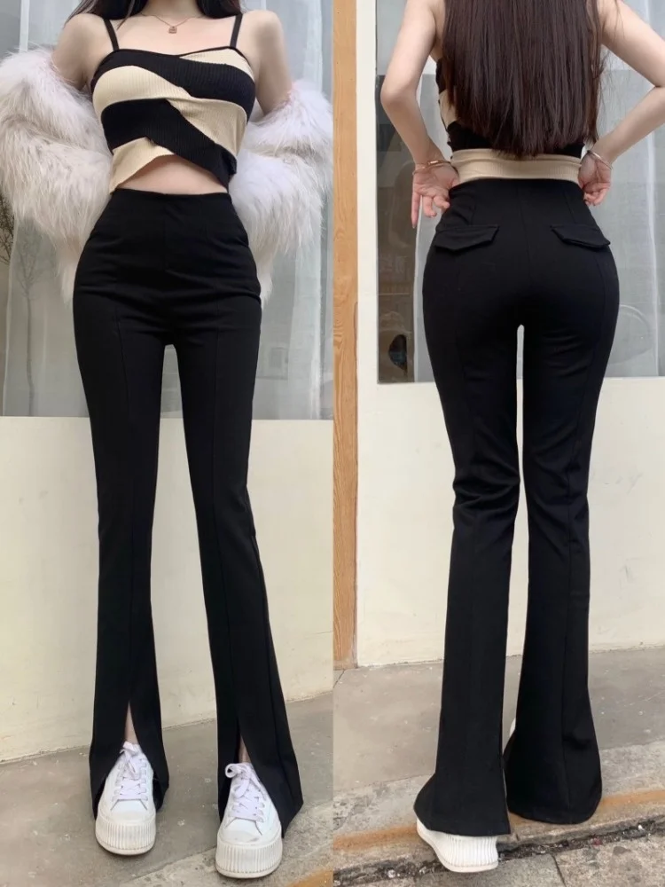 High waist split micro flare pants Autumn and winter 2022 new black slim casual wide leg floor length pants