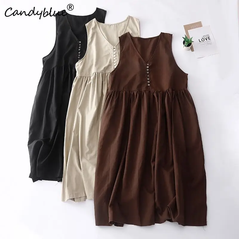 

Dress Women 2023 Summer New Vintage Literature and Art Elegant V-neck Pleated A-line Loose Casual Tank Top Skirt Women's Fashion