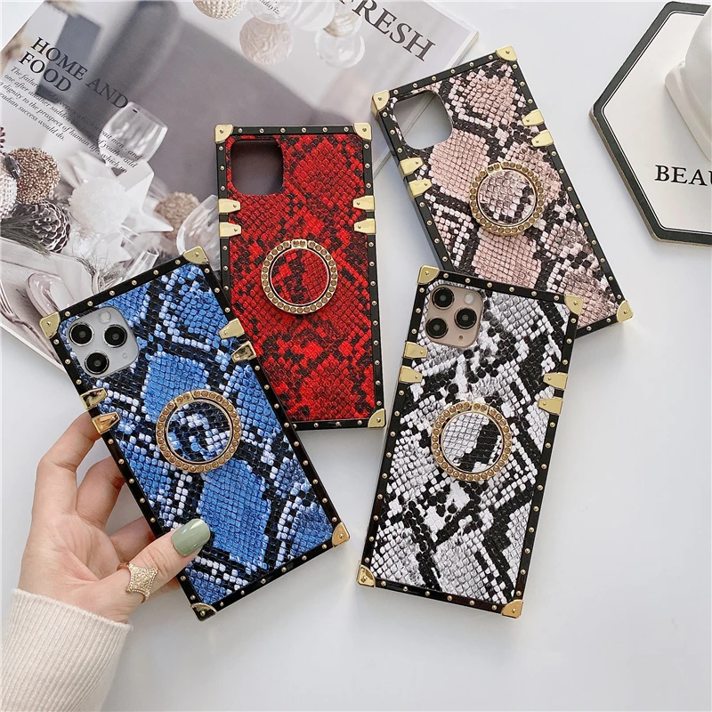 Luxury Brand Vintage Snakeskin Grain Cover Stand Square Phone Case For