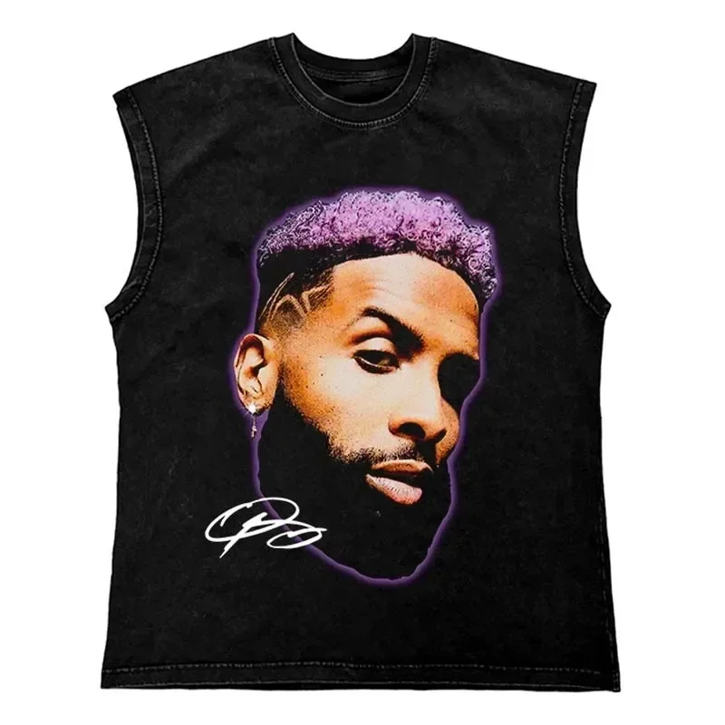 Lip Print Pattern Washed T Shirt Vintage Loose Tank Top Casual Sleeveless Cotton Tshirt Hip Hop Streetwear Oversize Tops Vest