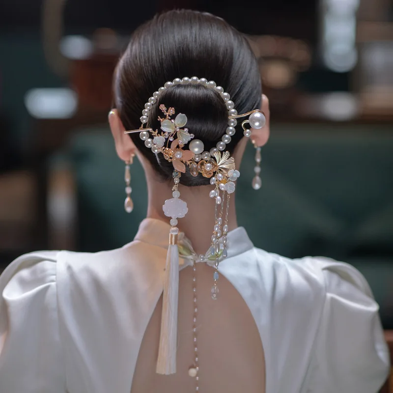 ANDREW GN★素敵!ベルト付き装飾フェザートリムクレープガウン New Chinese National Style Tiara Tassel Back Pressed Hoop