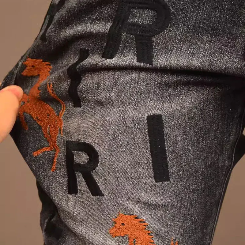 High Street Fashion Men Jeans Retro Black Gray Stretch Slim Fit Vintage Jeans Men Embroidery Designer Hip Hop Denim Pants Hombre