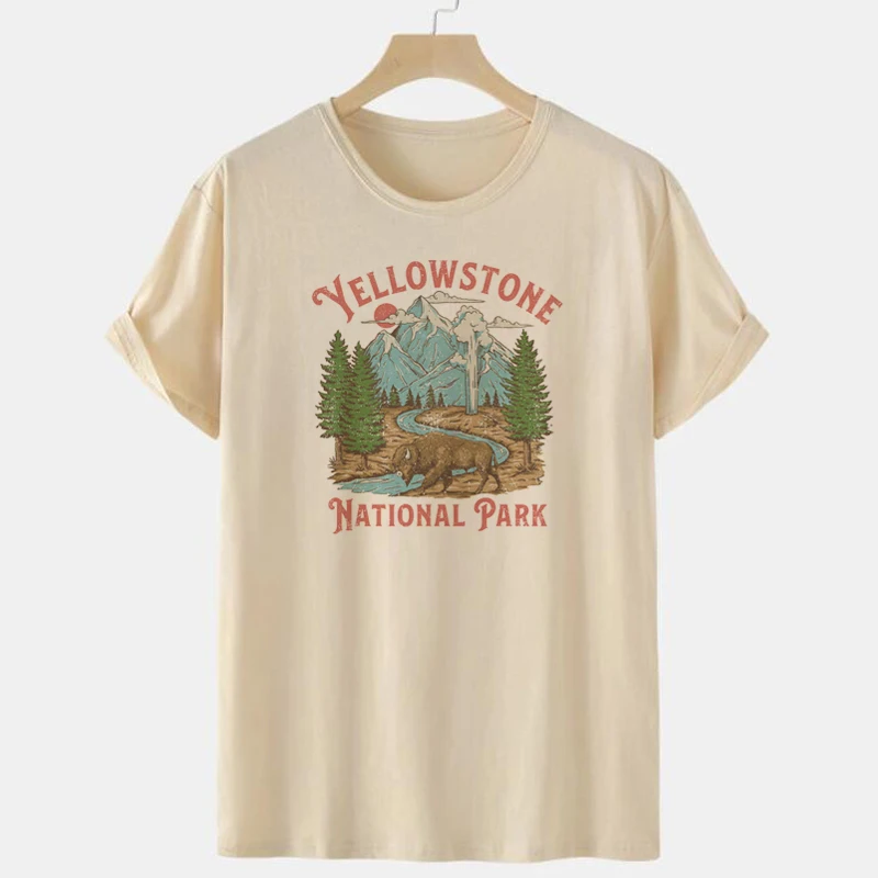 Anbech Women's Vintage Nature Graphic T-Shirt - Rocky Mountain Camping Hiking Tee, Yellow, Large