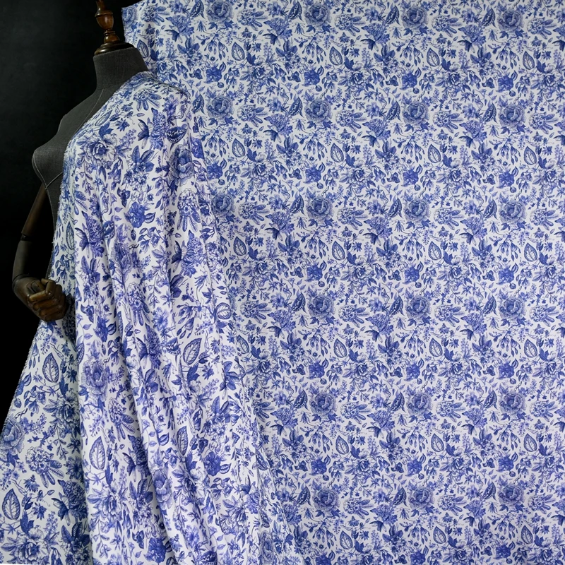 Brand Blue White Printed Silk Fabric 138cm Width 22 Momme Mulberry Silk