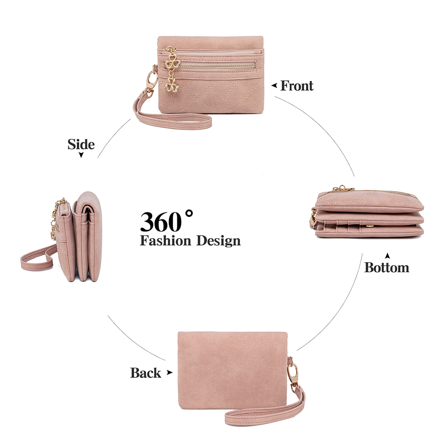 Elegant Retro Bi-Fold Women's Wallet with Diamond Pattern Stitching and Wrist Strap