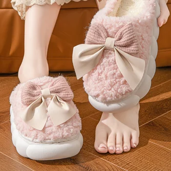 Sweet Bowknot Furry Indoor Slippers Women 2025 Winter Comfort Non Slip Home Cotton Slippers Warm Fluffy Fur Slides for Woman 1