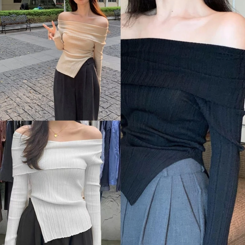 

Woman Off Shoulder Long Sleeve Crop Top Sexy Knit Asymmetrical Fit Blouse N7YF