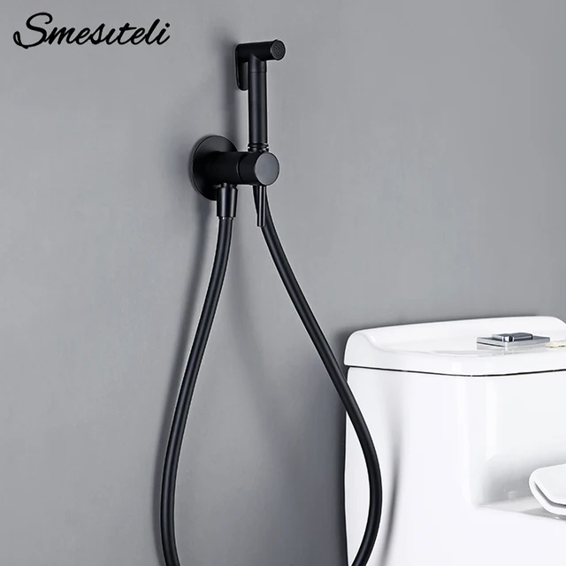 ก๊อกน้ำโถสุขภัณฑ์สีดำด้านหัวก๊อกห้องน้ำมือถือ1.2เมตรหัวก๊อกร้อนและน้ำเย็นหัวก๊อกยางทำความสะอาดตัวเอง 1