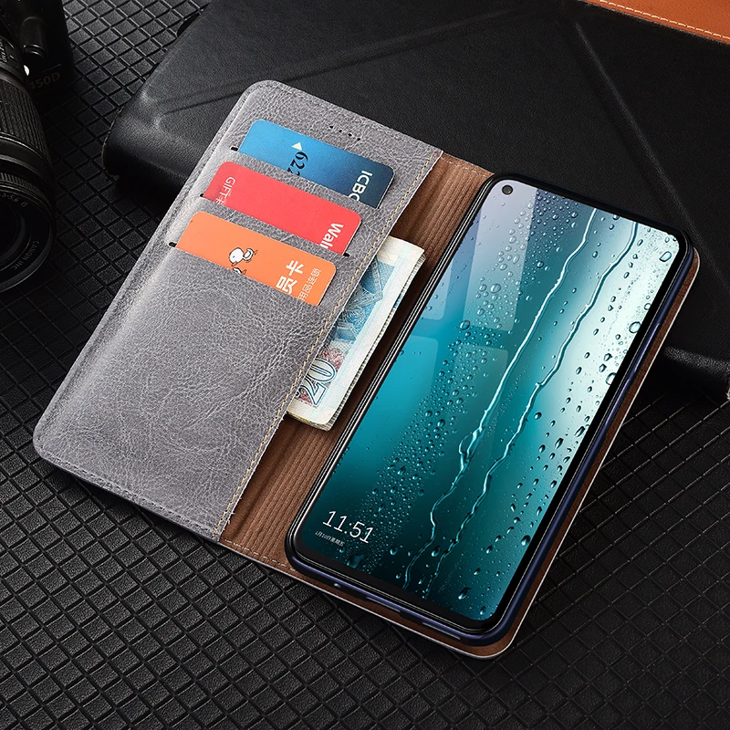 Crazy Horse Genuine Leather Flip Wallet Case with Fall Prevention