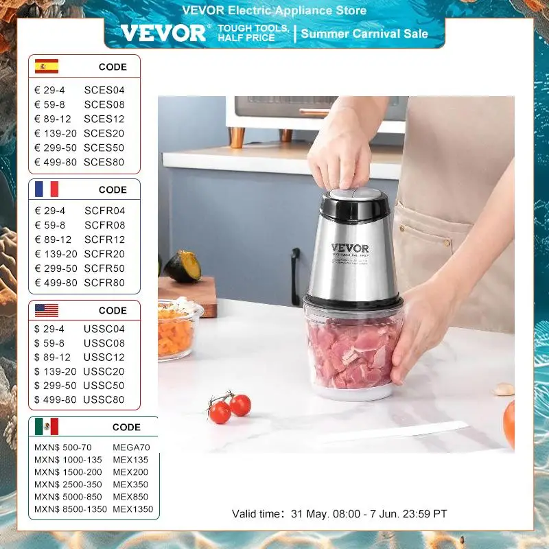 VEVOR Picadora Eléctrica Multifuncional 400 W Picadora de Carne con Bol de Vidrio 600 mL 2,5 Tazas Hoja de Acero Inoxidable con 4 Aletas 2 Velocidades para Frutas Verduras Carne Comida para Bebés