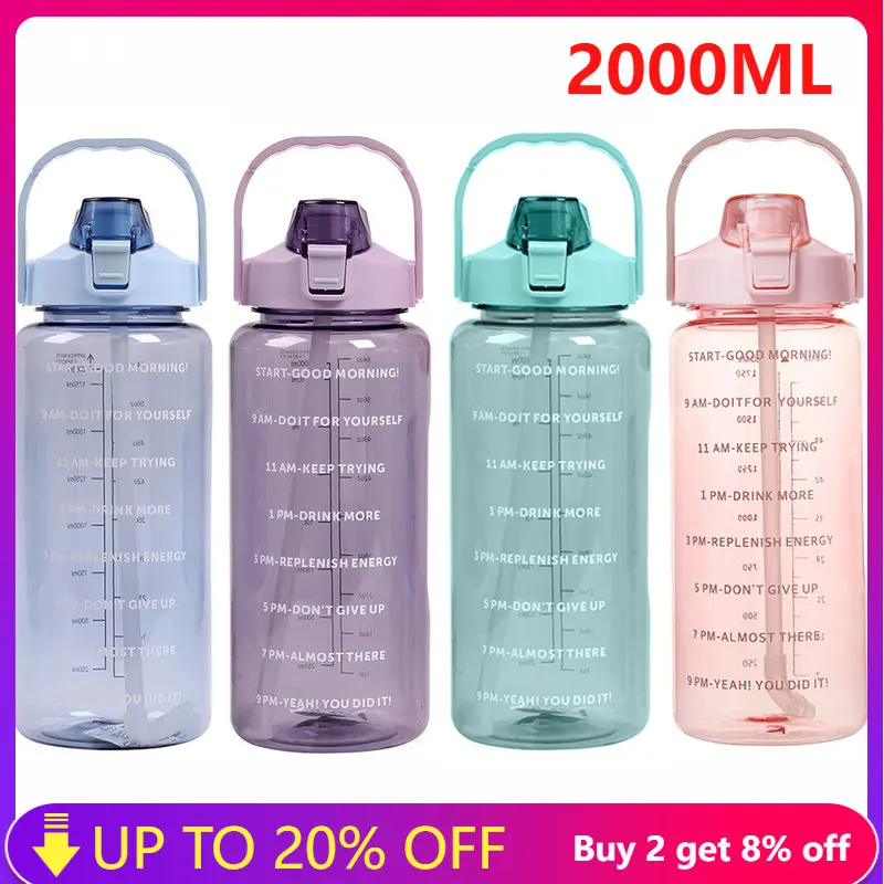 2l Water Bottles Large Capacity Sports Bottle with Time Marker Straw