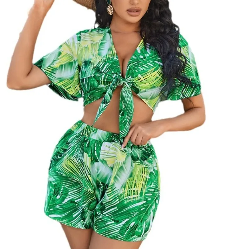 Women 2024 Summer Printed Sexy Shirt and Shorts Casual Two-piece Set Beach Vacation Cardigan Shorts Suit for Women Clothing