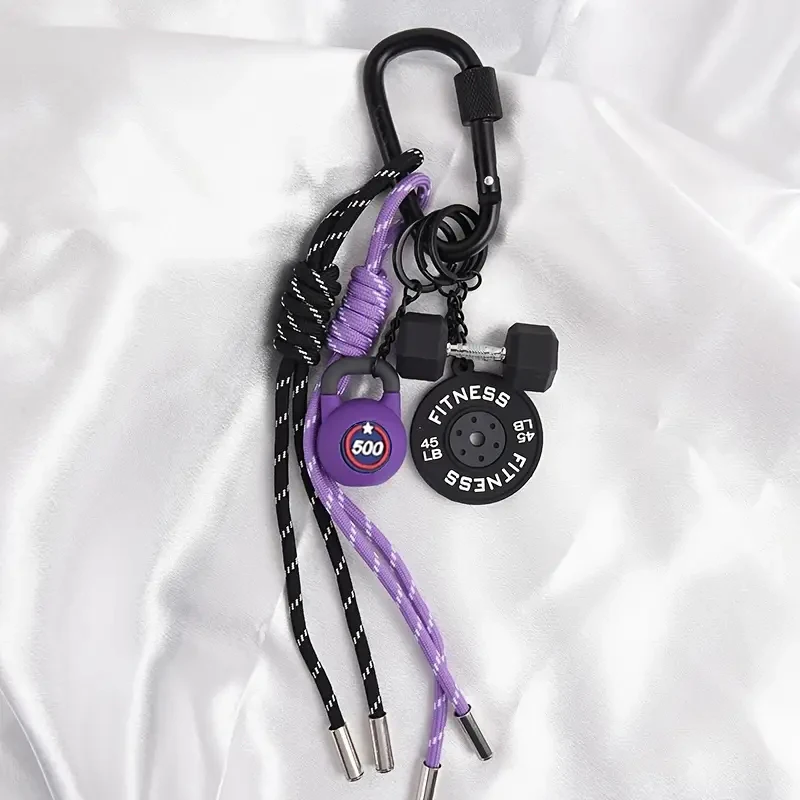 New Cute Pink Keychain Gym Dumbbell Keychain Charm Bag Pendant Key Chain Weave Nylon Ropes Sports Backpack Pendant Gift