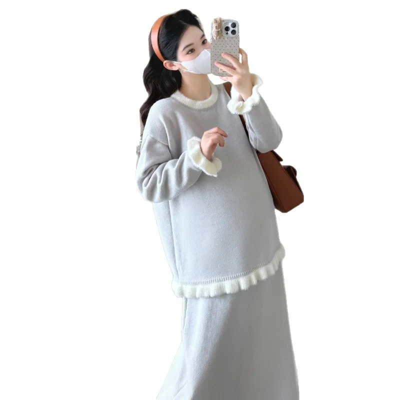출산복 가을 겨울 부드럽고 귀여운 분위기의 루즈핏 부드럽고 편안한 러플 스웨터와 스커트 임산부 투피스 세트