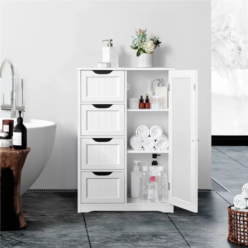 

BOUSSAC Wooden Bathroom Storage Cabinet with 4 Drawers & Cupboard, White