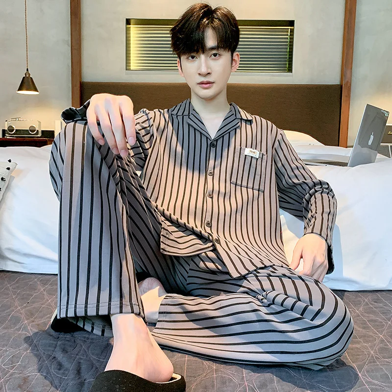 Spring Autumn Men's Thin Pure Cotton Pajamas Long Sleeve Cardigan Pants Oversized Loose Comfortable Casual Home Clothing Set spring autumn couple pajamas set pure cotton gauze plaid long sleeve trousers loose comfy thin summer sleepwear men women home