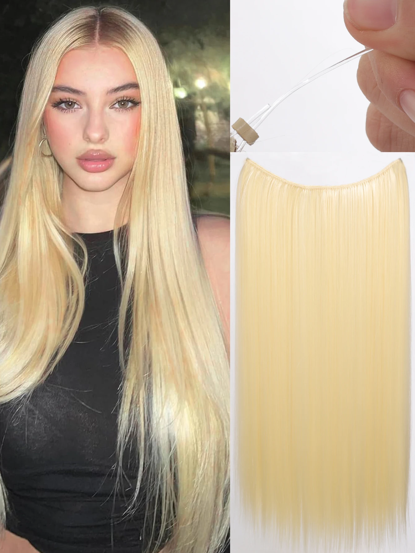 24Inch Synthetic Invisible Wire No Clips In Hair Extensions Fish Line Hairpieces Hair Extensions Fake Hair For Women