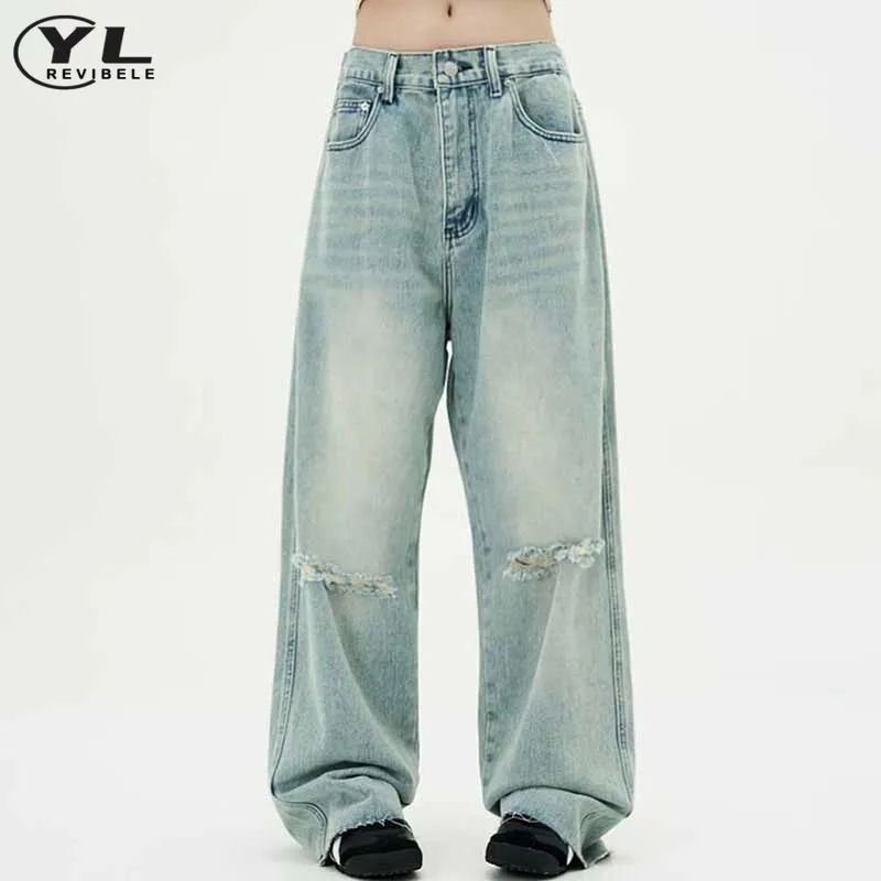 

Y2k High Street Jeans Men Woman Blue Distress Washed Hole Denim Pants Streetwear Vintage Jean Pant Straight Wide Leg Trousers