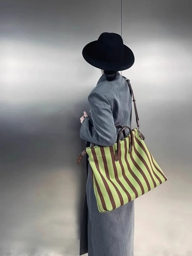 NEW Large Capacity Elastic Stripe Bucket Bag Tote Shopping Bag Crossbody Shoulder Bag Drawstring Soft Fabric Handbag