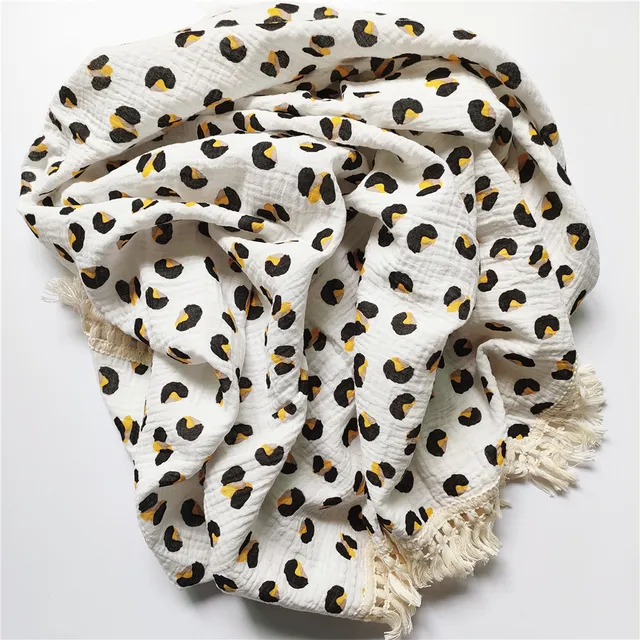 Cotton Muslin Swaddle Blankets for Newborn Baby Tassel Receiving Blanket New Born Swaddle Wrap Infant Sleeping Quilt Bed Cover Leopard