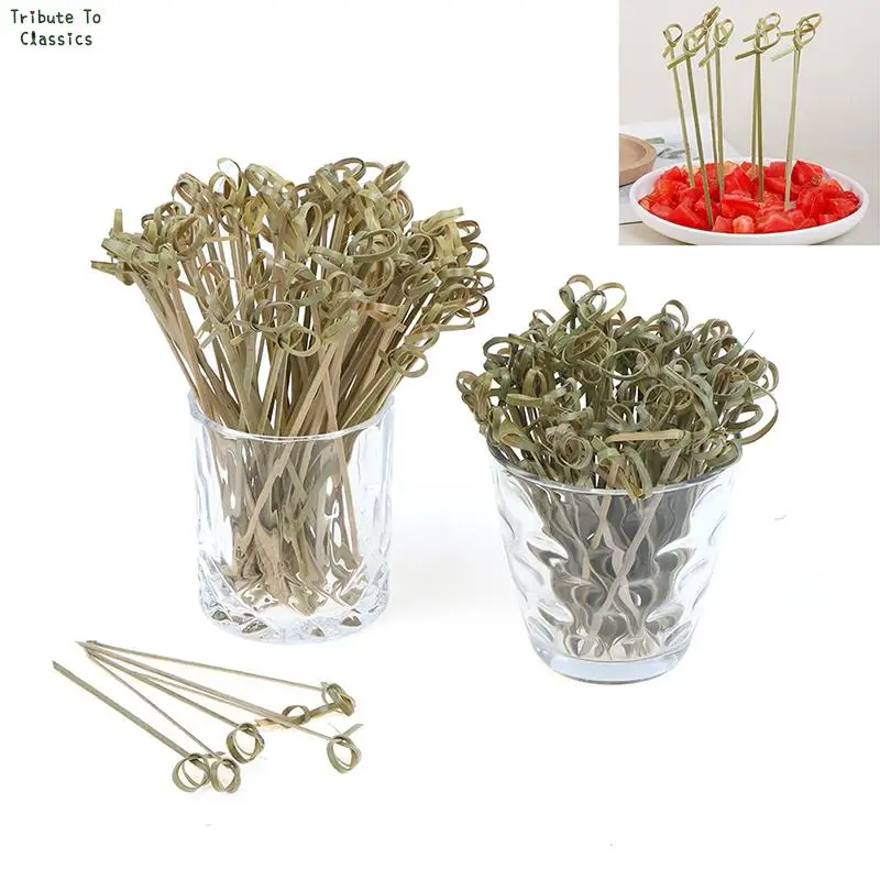 Food Picks 100Pcs Disposable Bamboo Tie Knotted Skewers Twisted Ends Cocktail Food Fruit Fork Sticks Buffet Cupcake Topper