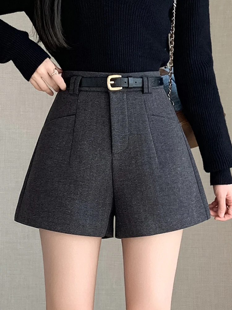 QOERLIN Women Autumn Winter Boot Wool Shorts High Waist Wide Leg Suit Shorts A-Line Pants Elegant Belt Pants with Pockets Trendy