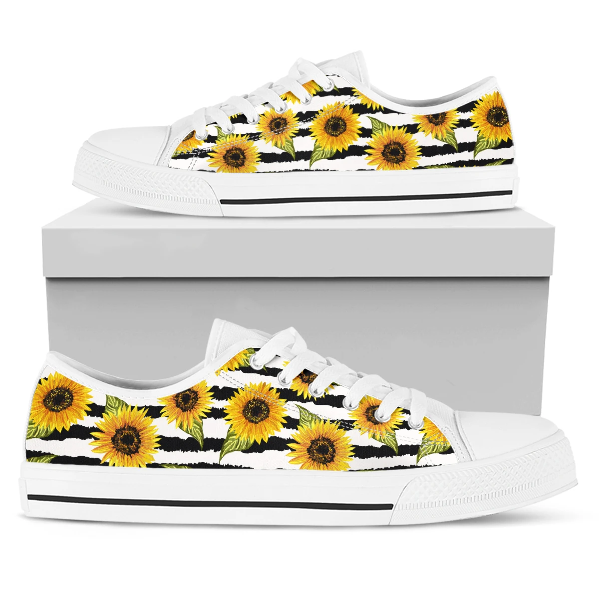 

ELVISWORDS Black And White Asked Design Sunflower Print Lightweight Outdoor Casual Shoes Classic Low Top Women Vulcanized Shoes