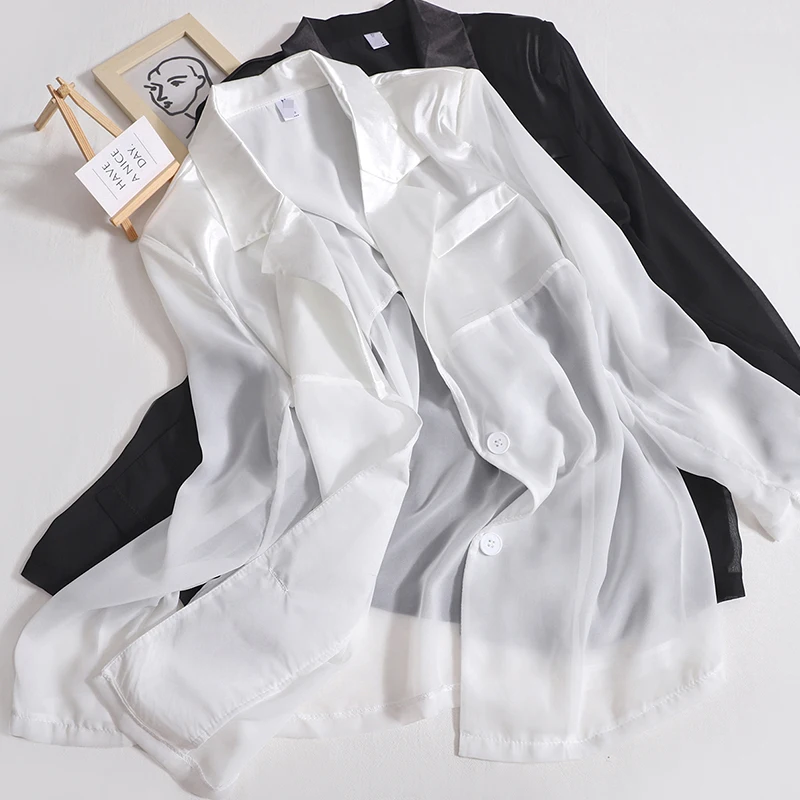 

Summer Suit Jacket Women Turn-down Collar Chiffon Stitching Long-sleeved Coat Casual Fashion Button Sun Protection Shirt